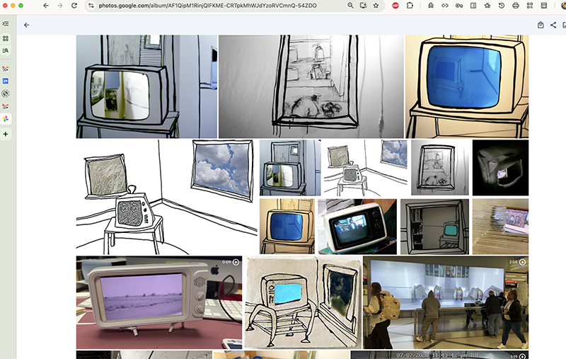 bank of drawings with television screens